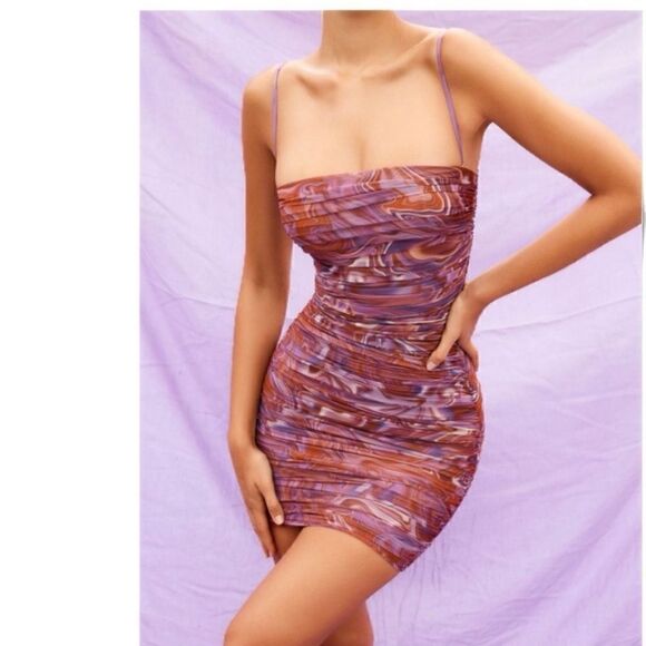 House of CB Ella Swirl  Mesh Mini Dress in Purple Pink Swirl - Picture 4 of 12